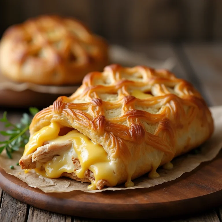 Golden, flaky chicken and cheese jalousie recipe served on a plate with fresh herbs, showcasing a delicious homemade pastry.